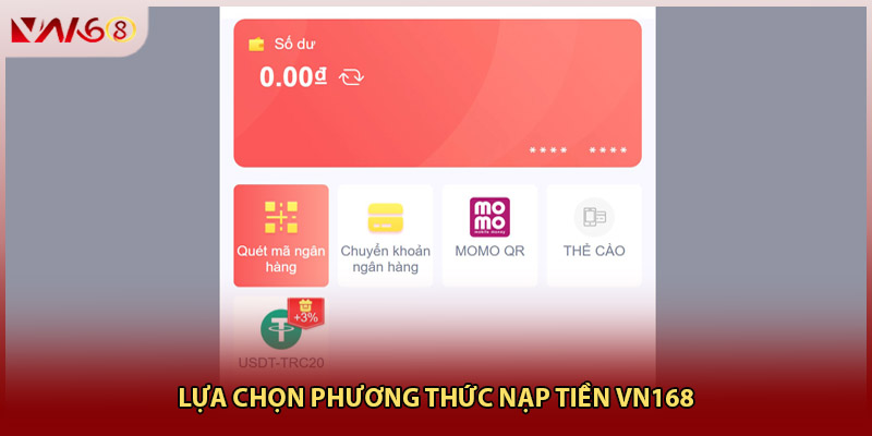 Lựa chọn phương thức nạp tiền VN168